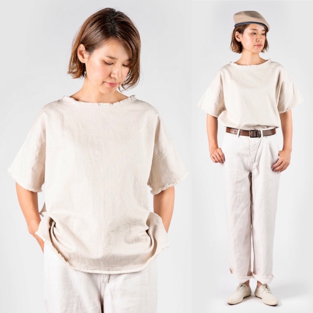 45R by 45RPM Japanese Cotton Linen Denim Frayed Hem Oversized Top in Beige